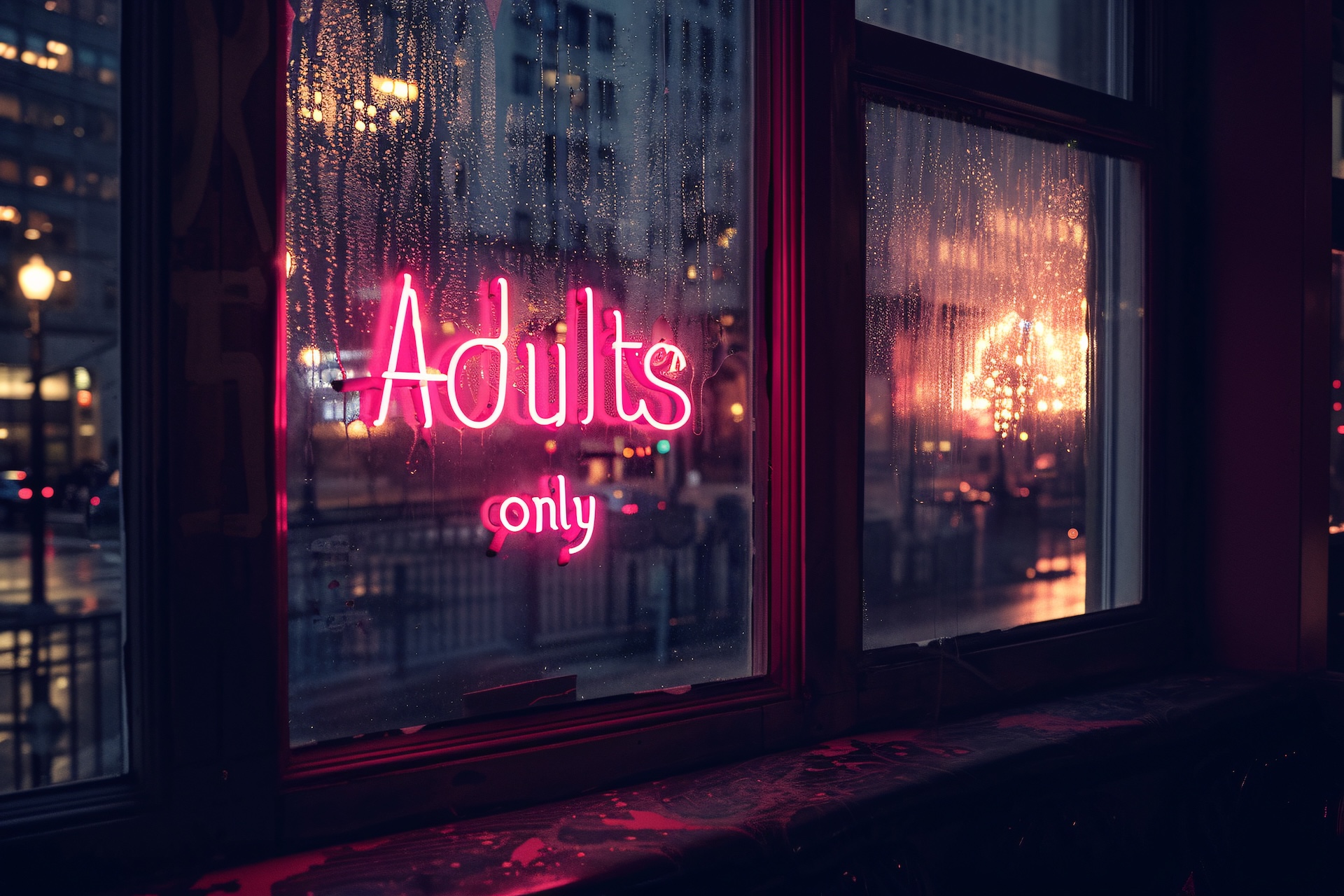 Glowing pink neon light 'Adults only' text hanging in window of bar at night. glowing pink neon light 'Adults only' text hanging in window of bar at night.