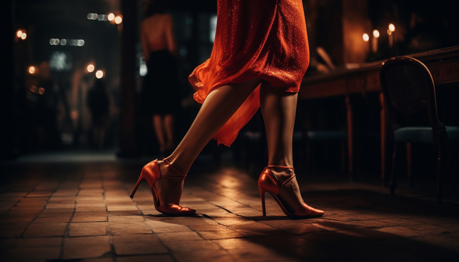 one woman standing on stage in high heels